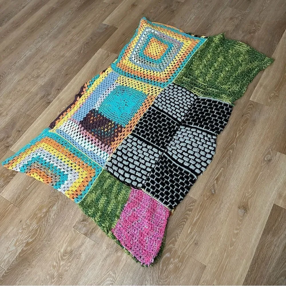 Large Handmade Granny Long Crochet Boho Multicolor Throw Blanket